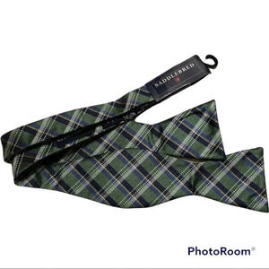 Saddlebred Silk Blend NWT Bow Tie Plaid Navy Green Gold Preppy